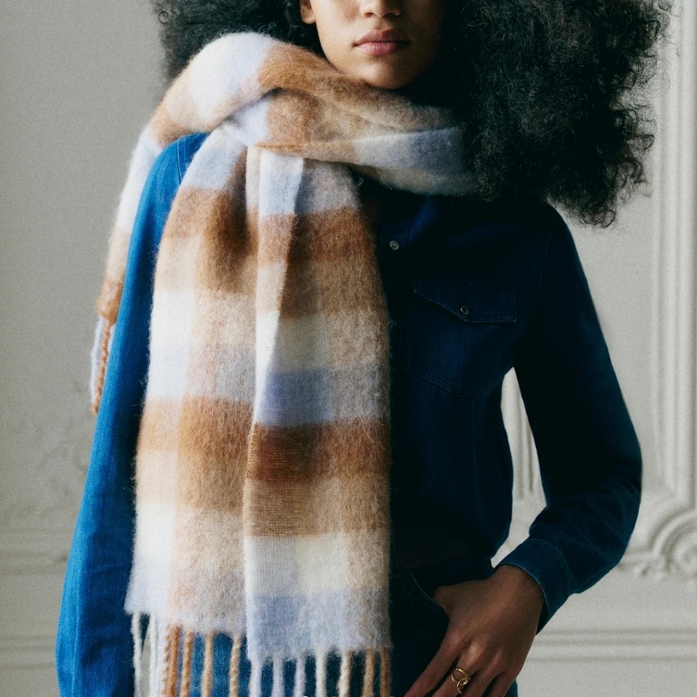 Sezane Plaid Scarf in Blue and Brown